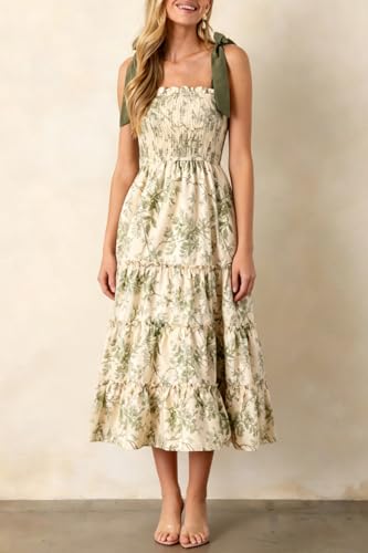 Image of Women Y2k Floral Smocked Maxi Dress Bow Tie Shoulder Tiered Ruffle Midi Sun Dress Boho Casual Beach Long Dresses