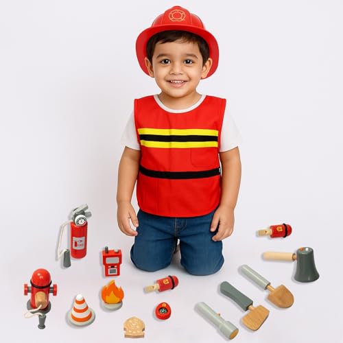 Image of WUDLY Kids Fireman Fire Fighter Costume Pretend Play Dress-up Toy Set