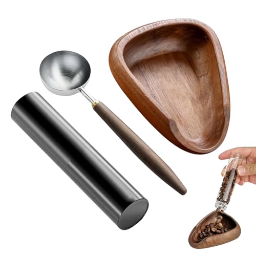 Coffee Bean Dosing Cup - Aluminum Distribution Cup, Wooden Storage Base | Compact Tool with Spray Bottle Set, Professional Brewing Accessory for Kitchen or Café Use