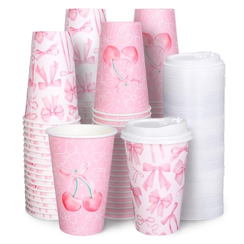 FYSUIMU 50 Pcs Pink Bow Coffee Paper Cups Cherry Bowknot Coquette 16 Oz Disposable Cups with Lids for Hot Cold Drinks Birthday Baby Shower Bachelorette Party Supplies, 2 Designs