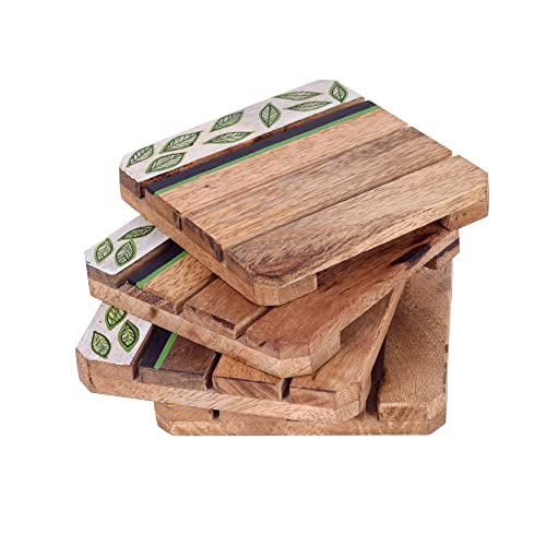 Image of AAKRITI ART CREATIONS Minty Leaves Hand Painted Coasters | Wooden Coaster Set of 4 | Decorative Coaster Matte Finish | Floral Art Mango Wood Handcrafted Coasters | Brown Wooden Coaster Set