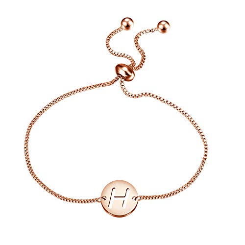 HOLLP Rose Gold Initial Bracelet Stainless Steel Letter Bracelet Adjustable Chain Bracelet Alphabet Letter Disc Charm Bracelet for Women Girls (H-Bracelet)