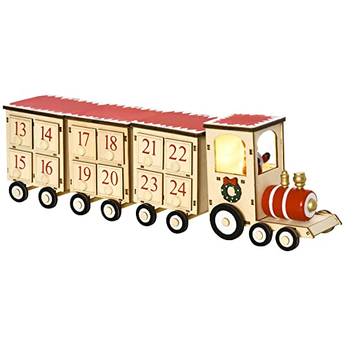 HOMCOM Calendrier de l'avent LED en forme de train en bois Décoration de Noël Train miniature sur table- 1 lumière avec 24 tiroirs 40 x 8 x 11 cm Cover