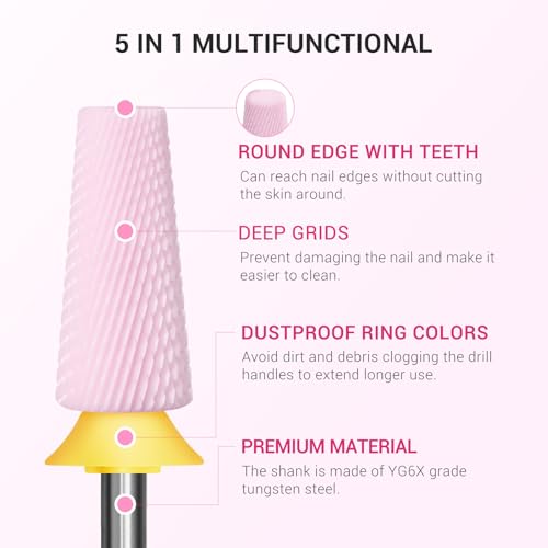 Image of MelodySusie 5 in 1 Nail Drill Bits, 3 /32'' Ceramic Cross Cut Bits, Suitable for Manicure Pedicure Cuticle Gel Polishing, Pink, Series Bit-M, Extra Fine