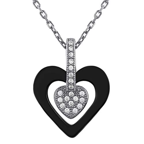Collier Femme Coeur en Argent 925 rhodié, Oxydes de Zirconium et Céramique noire - Longueur 45 cm