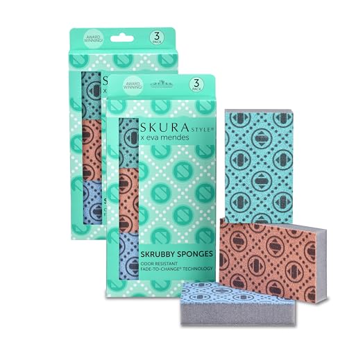 Image of Skura Style x Eva Mendes Smart Kitchen Dish Sponges (Bulk 6 Pack) | Odor Free Non-Scratch Scrub Pad | Household Scrubber for Sink, Counters, Surfaces, Pots, Pans, Dishwashing | Color-Fade Change