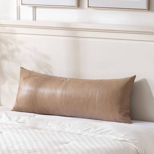Image of Fancy Homi Tan Long Lumbar Waterproof Faux Leather Body Decorative Throw Pillow Cover 14x36 Inch for Bedroom Couch Bed Bench, Beige Hand Stitched Cushion Case, Taupe Modern Farmhouse Room Decor