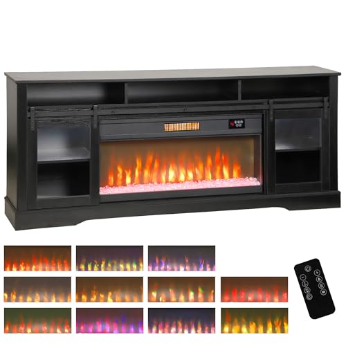 HOMCOM Fireplace TV Stand for TVs Up to 80 Inches, Modern Entertainment Center with 36" Glass Electric Fireplace & LED Lights, TV Console with Open Storage and Side Cabinets for Living Room, Black