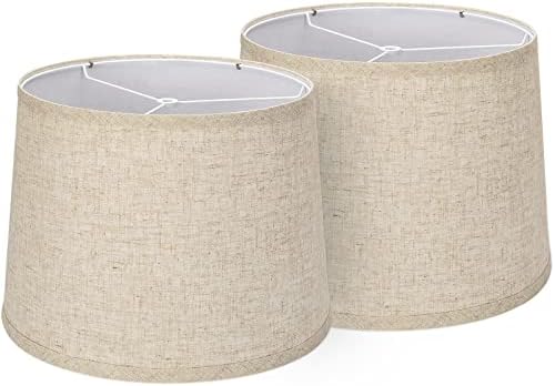 Lampshades Set of 2, Drum Lampshades 11.6" Top x 12.6" Bottom x 9.8" High, Seaside Village Medium Lampshades (Spider Fitter), Beige Lampshades Natural Linen Hand Crafted, Easy Assembly Required