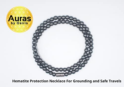 Auras By Osiris | Handmade Hematite Healing Necklace - Grounding & Safe Travel Genuine Gemstone Beaded Necklace | Willpower, Confidence, Protection Choker - Jewelry Gift For Girls, Womens, Mens |16’’ #TOP1