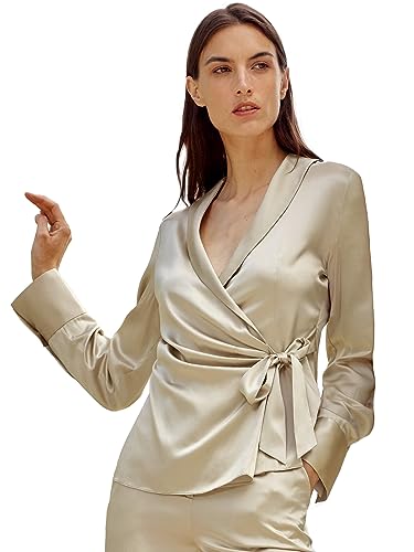 LilySilk Silk Wrap Tie Waist Blazer for Women Tan Silk Outerwear Long Sleeve Office Work Elegant Ladies Silk Coat Cool