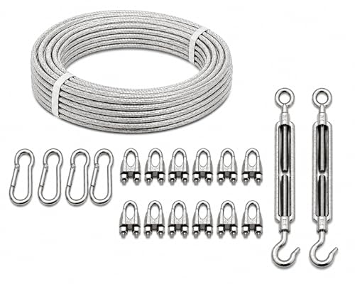 Image of Heavy Duty 4MM PVC Coated Wire Rope Kit | 7x7 GI Steel Cable with Snap Hooks, U Clamps & Turnbuckle | Rustproof Clothesline Wire for Balcony, Gym & Outdoor Use (30 Meter /98.4 Feet)