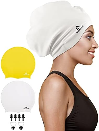 2 Pack Extra Large Swim Cap for Braids and Dreadlocks, Silicone Swimming Caps for Long Hair, Weaves, Extensions, Curls & Afros, Waterproof Adult Swim Hats Bathing Caps for Women Men(Yellow+White)