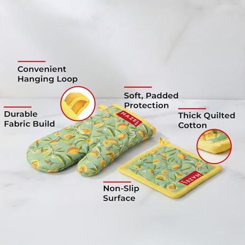 Image of HAZEL Cotton Oven Glove (1 Pair) and Pot Holder Set for Kitchen | Durable and Safe Cooking and Baking