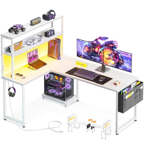 ODK 53 Inch L Shaped Desk with LED Lighting, Reversible Gaming Desk with Power Outlets, Cornor Computer Table with Storage Shelves & Bag & Iron Hook, Home Office Table for Writing, Study, White
