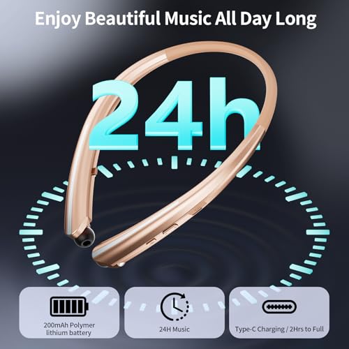 LHKLUK Neckband Bluetooth Headphones, Wireless Retractable Headset with Mic, IPX5 Sweatproof Earphones, Noise Cancelling Earbuds | 22H Playtime for Sports/Running/Driving (Rose Gold) by LHKLUK - Used condition - Image 3