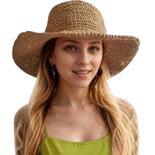Image of Womens Floppy Straw Sun Hat Packable Wide Brim Summer Beach Hat Foldable Crochet Bucket Hats