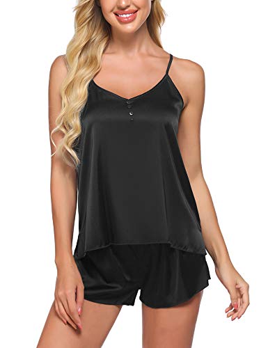 Evanhome Sleepwear for Womens Sexy Pajama Set Camisole Short Sets Lingerie Satin Pjs,Black