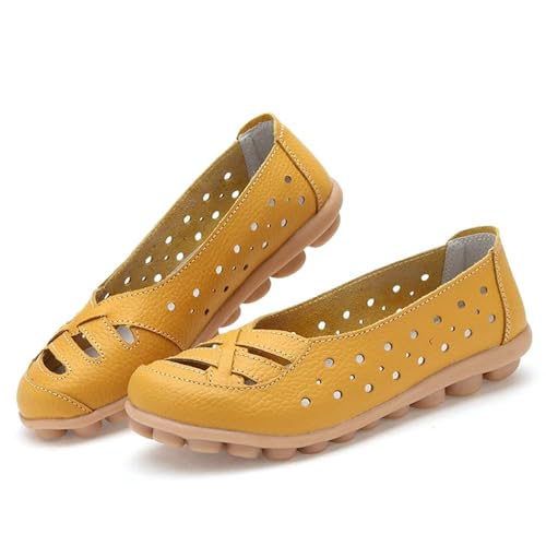 Image of Womens Orthopedic Loafers in Breathable Leather Comfortable Hollow Soft Flats Sandals Summer Casual Slip-On Shoes (Yellow,7)