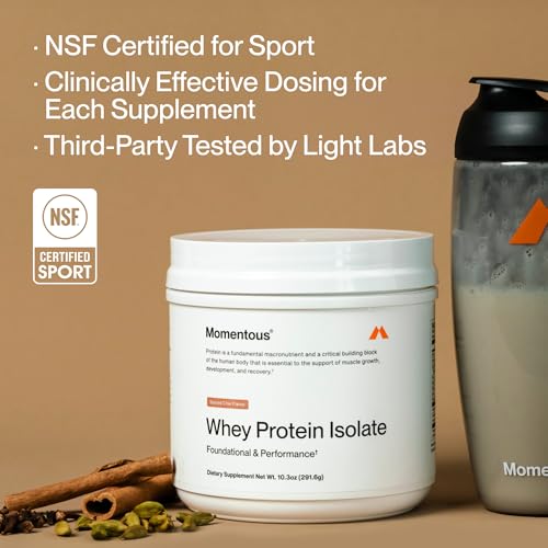 Image of Momentous Essential Grass-Fed Whey Protein Powder - 20 g Whey Isolate Protein - NSF Certified for Sport - Gluten-Free - 12 Servings for Essential Everyday Use - Spiced Chai - Package May Vary