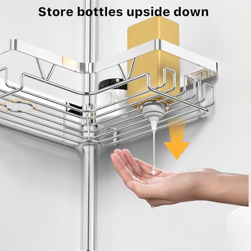Image of KEGII Corner Shower Caddy Tension Pole - Chrome 4-Tier Adjustable Shower Tension Rod Organizer with Hooks & Soap Holders, 25-114.2 Inch Stainless Steel Shower Storage Rack for Renters & Family
