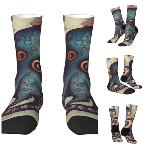LZQPOEAS Retro Octopus Athletic Socks Unisex Cushioned Crew Socks Hiking Running Calf Sock Soft Above Ankle Sock