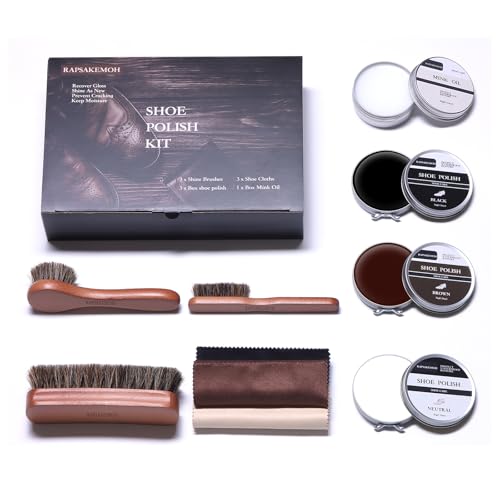 RAPSAKEMOH 10Pcs Shoe Polish Kit, Horsehair Brush Shoe Shine Kit For men, Shoes Boots Care Brushes Polish Kit (1, Light Brown)