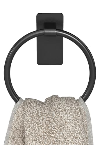 Image of STWWO Hand Towel Holder for Bathroom, Adhesive Round Towel Ring, Black | for Bath RV Kitchen, Self Adhesive No Drill Hole, Easy to Install