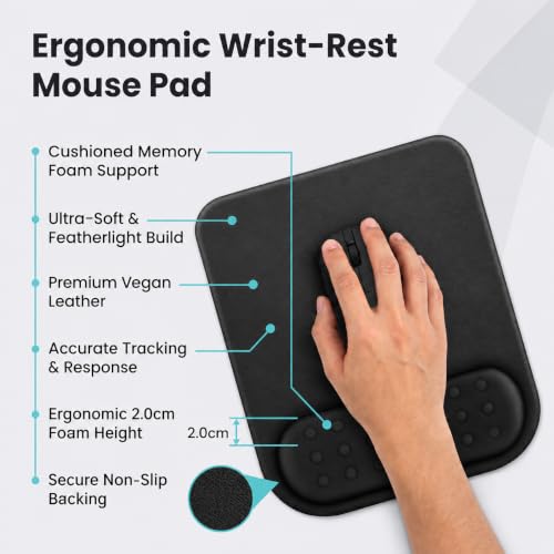 Image of PU Vegan Leather Ergonomic Mouse Pad with Wrist Rest| Memory Foam Wrist Support Non-Slip Base Wrist Pain Relief | Comfortable Mouse Pad for Office, Laptop, Computer & Gaming - Black
