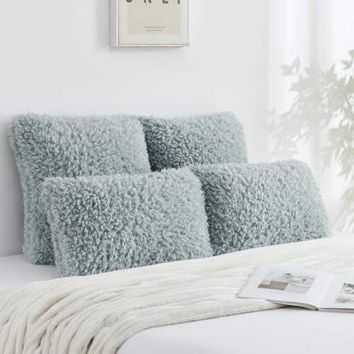 FUTEI Light Blue Decorative Throw Pillow Covers 20x20 Inch Set of 2,Soft Fluffy Faux Wool Fur Boucle Textured Cushion Case,Modern Home Decor for Couch Bed Living Room Office