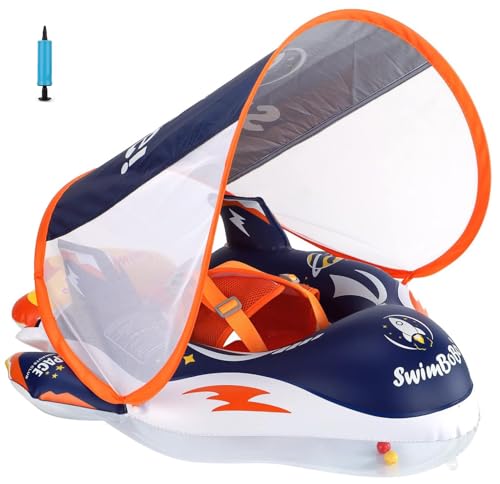 YXTC ベビー浮き輪 足入れ 屋根付き ロケット 浮き輪 赤ちゃん用 足入れ UVカット SPF50+ 日焼け止め 取り外し可能なサンシェード ベビーフロート 水遊び 6ヶ月-3歳適用 (ブルー)