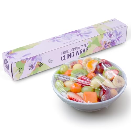 Purple Plumeria Home Compostable Cling Wrap with Built-In Slide Cutter Box – Biodegradable, Eco-Friendly Food Storage Wrap, Sustainable Plastic-Free Kitchen Film for Freshness & Waste Reduction