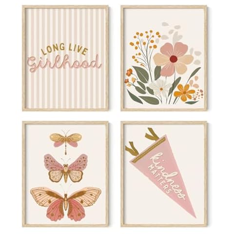 XYDEG Girl Nursery Decor,Long Live Girlhood Pink Wall Art Poster Prints Set of 4, Baby Girl Pink Floral Butterfly Wall Art for Toddler Baby Girl Room Nursery Playroom Decor, 8x10 Inch Unframed Cover