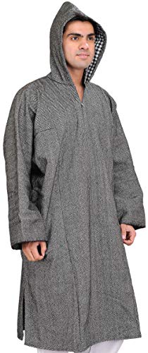Image of Exotic India Men's Woolen Blend Kashmiri Phiran with Hood | Pure Wool Long Overcoat-Oversized Phiran for Men