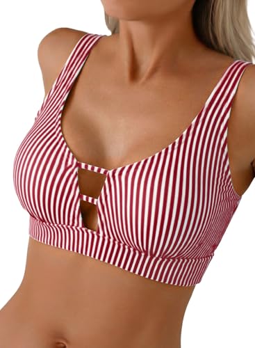 Herseas Bathing Suit Tops for Womens Supportive Padded Push Up Bikini Top Sexy Cut Out Double Dd Swimsuit Tops Cruise Plus Size Swim Top Red Stripes Medium