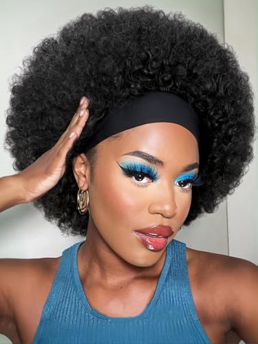 Parrucche Ricci Crespi Afro Kinky Curly Human Hair Wigs With Headband Parrucca Nero Capelli Veri Ricci Per Donne Nere Parrucca Afro Wigs 10 Pollici 180% Di Densità Naturale