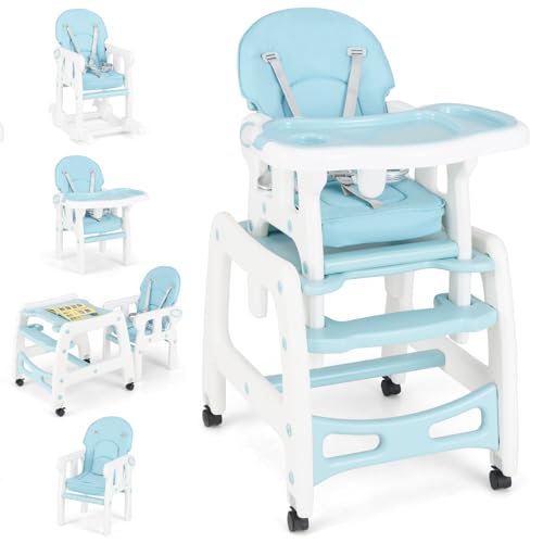 GOPLUS 5 en 1 Trona de Bebé para 6-72 Meses, Carga 20 kg, Trona Comedor Portatil para Niños con Respaldo Ajustable de 3 Niveles, 2 bandejas extraíbles，Rueda universal con Freno (Azul)