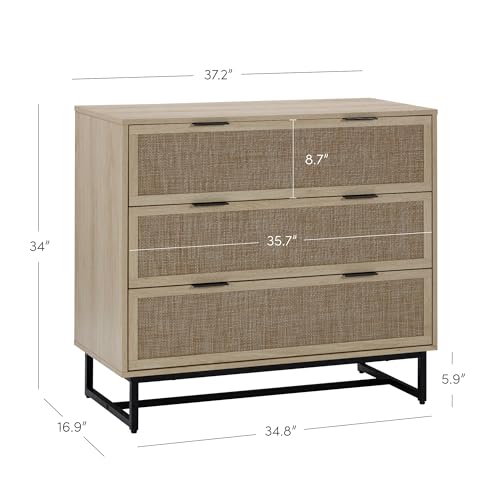 Image of Nathan James Kova 3-Drawer Rattan Dresser or Boheminan Living Room Storage Cabinet with Textiline Rattan Accent and Metal Legs, Light Oak /Black