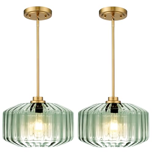 Image of 2 Pack Mid Century Gold Pendant Light Fixtures Adjustable Ceiling Hanging Light Mint Green Glass Chandelier for Hallway Porch Kitchen Bedroom Coffee Shop Dining Room