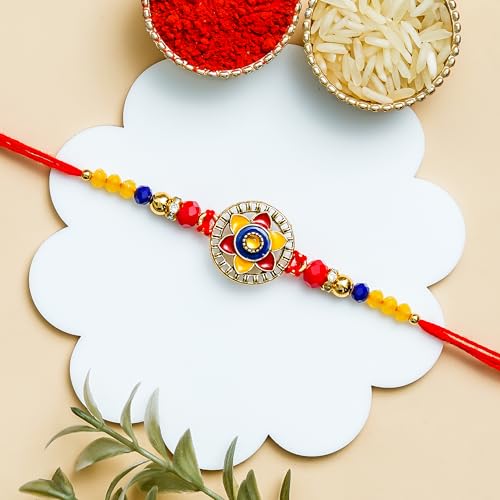 Image of Rakhi for Brother Combo of 2 Rakhi for Men with Fridge Magnet, Roli Chawal Best Wishes Greeting Card