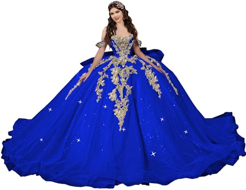 Gold Appliques Quinceanera Dresses with Big Bow Glitter Beaded Ball Gown with Train Puffy XV Dress YU020