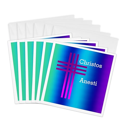 3dRose Image of Happy Easter In Greek Cross On Purple Blue 6 Greeting Cards with envelopes