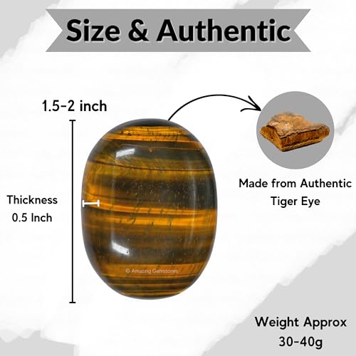 Image of Amazing Gemstone Tiger Eye Crystals and Healing Stones - Large Palm Stone Crystals Piedra - Crystal for Good Luck, Balanced Positive Energy, Meditation - Unique Stocking Stuffers Gifts for Women, Men