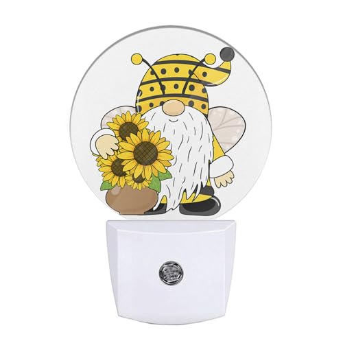 Image of Gnome Night Lights Plug into Wall Summer Bee Gnome Sunflower Yellow Floral LED Dusk to Dawn Plug-in Nightlight Auto Sensor for Bedroom Bathroom Hallway Living Room