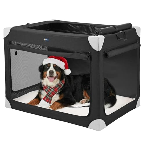 Veehoo Large Dog Crate for Indoor Outdoor, Portable Collapsible Travel Dogs Crate, 42 Inch Soft Foldable Pet Kennel with 4-Door Mesh Windows
