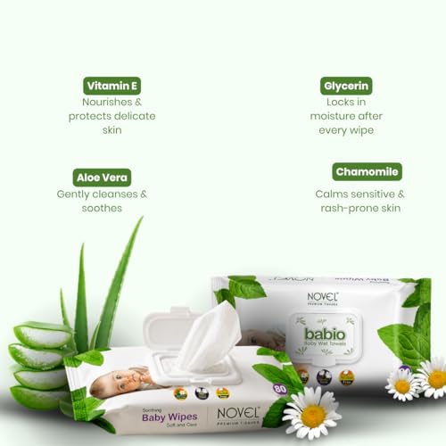 Image of Novel Baby Wet Wipes 72 Wipes x Pack of 5 (360 Wipes) | Aloe Vera, Chamomile, Jojaba Oil, Vitamin E Enriched | pH Balanced, Alcohol, Hypoallergenic & Paraben-Free | Extra Thick & Moist wet | Anti Rash Soft Gentle Baby Wipes