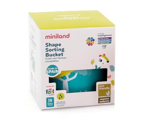 Image of Miniland Feel to Learn Turquoise Shape Sorting Bucket for Children from 1 to 2 Years. 16 Multicolored Pieces with Different Shapes. Made in Spain with ECO Materials