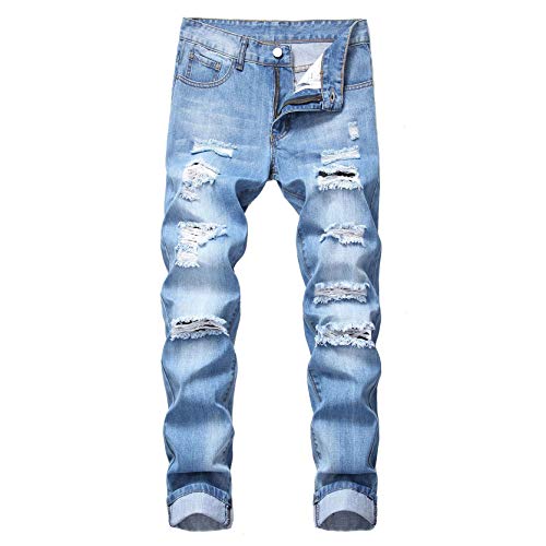 Mens Distressed Destroyed Washed Denim Jeans Ripped Jeans Slim Fit Straight Leg Denim Pants (30,Light Blue)