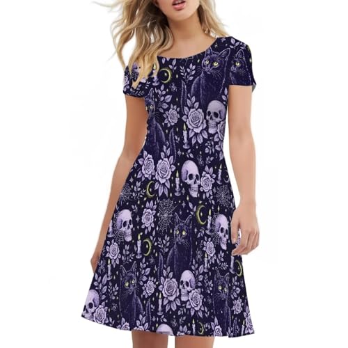 Image of HUGS IDEA Womens Puffy Swing Midi Dress Round Neck Short Sleeve Party A-Line Dresses