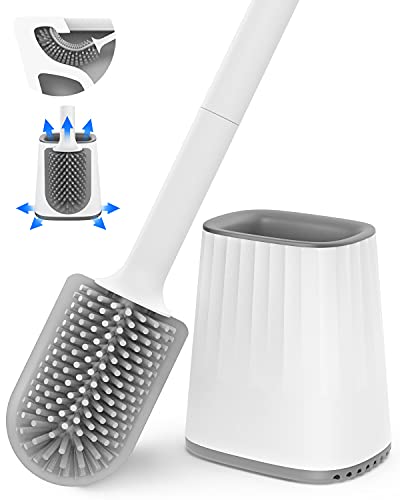 Silicone Toilet Brush with Quick Drying Toilet Brush Holder Wall Mounted & Standing Toilet Brush with Long Handle for Bathroom (White)